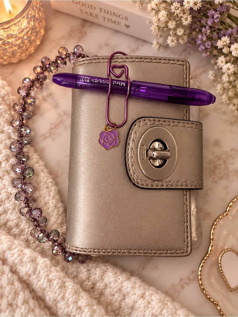 Coach Metallic Silver Coach Wallet with Purple Sticker Pack